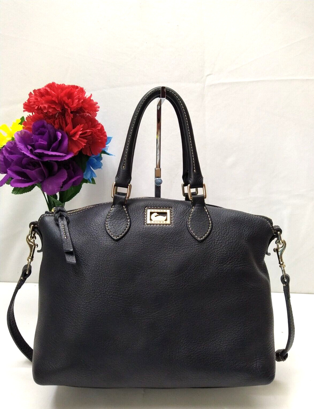 Dooney & Bourke Black Pebbled Leather Double Handles Zipper Satchel Bag